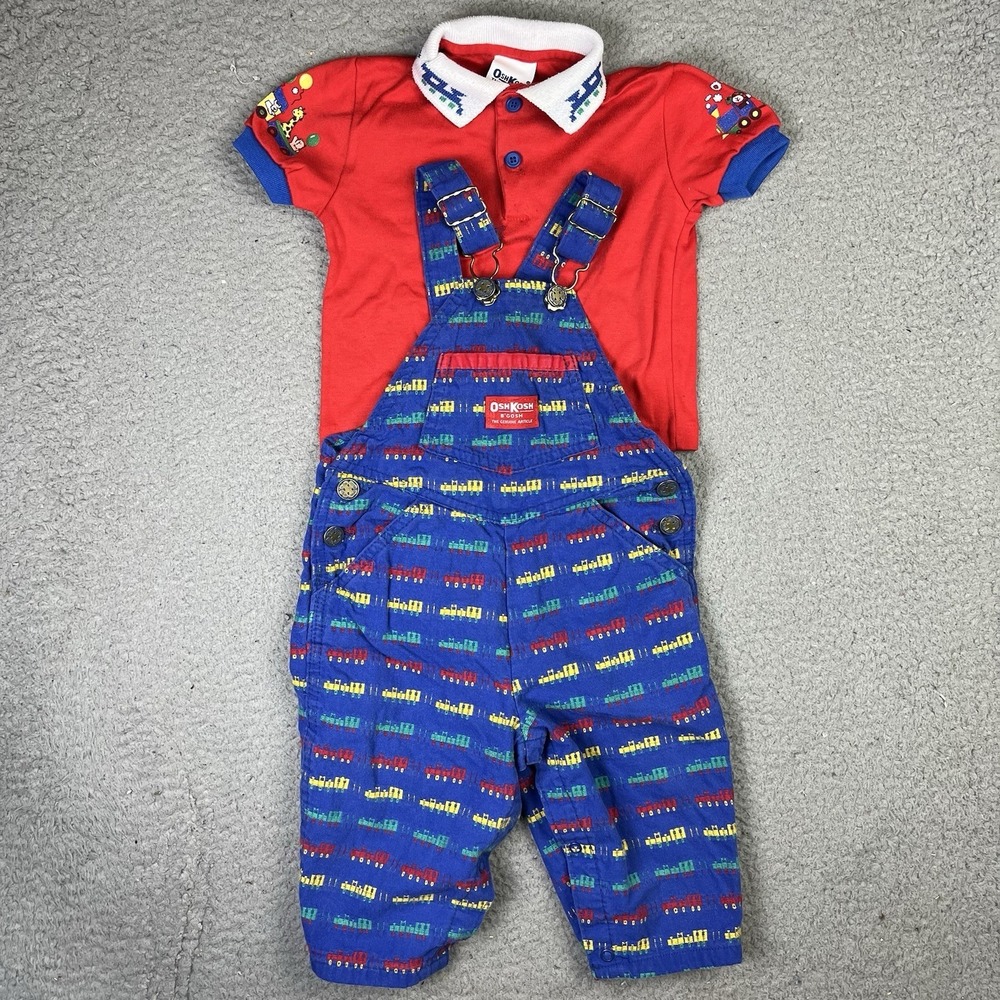 Vintage Oshkosh B'Gosh Overalls Train Print & Shirt Combo 18 Months USA Vestbak